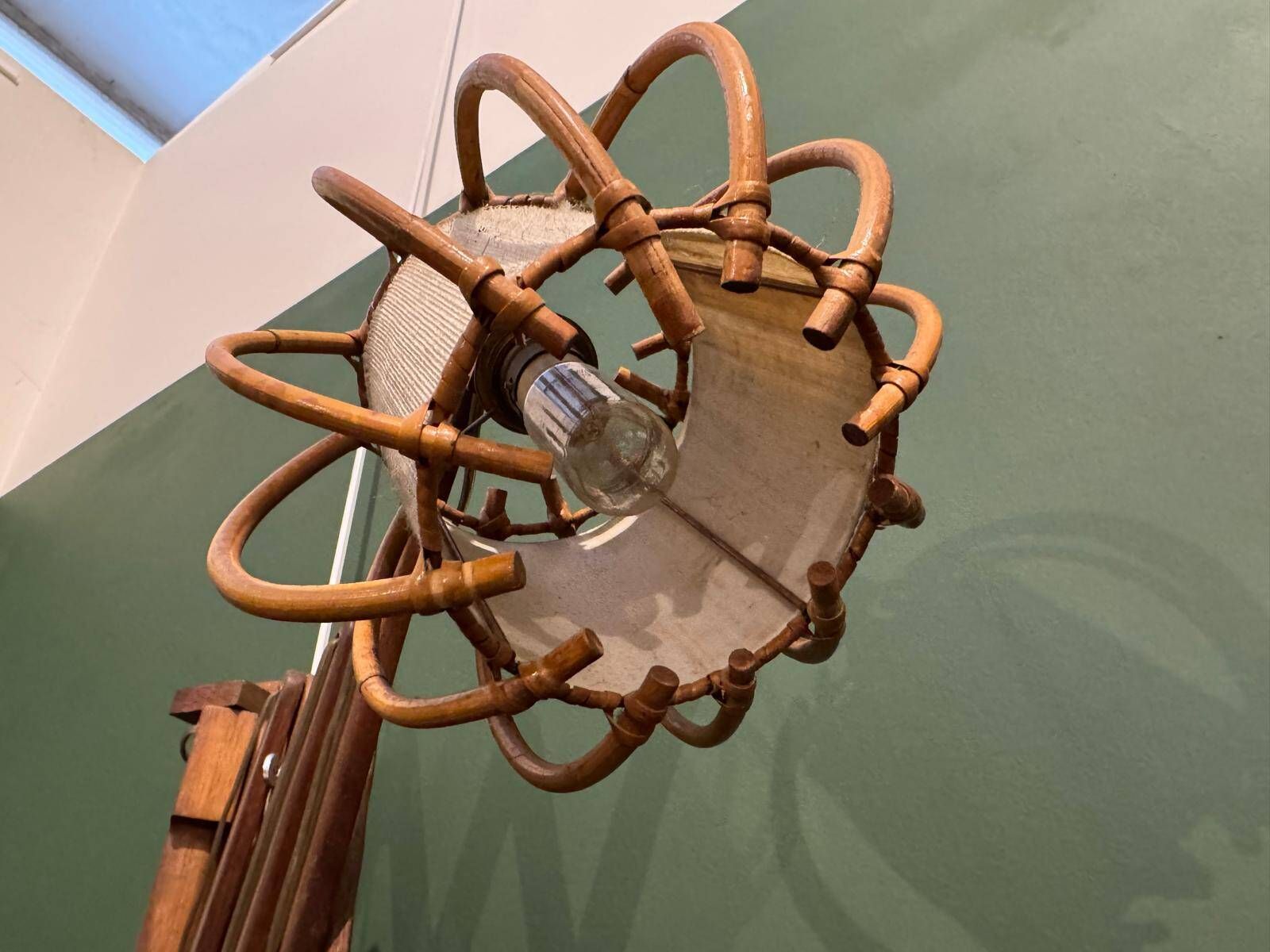 Vintage accordion wall lamp in wood, rattan and fabric