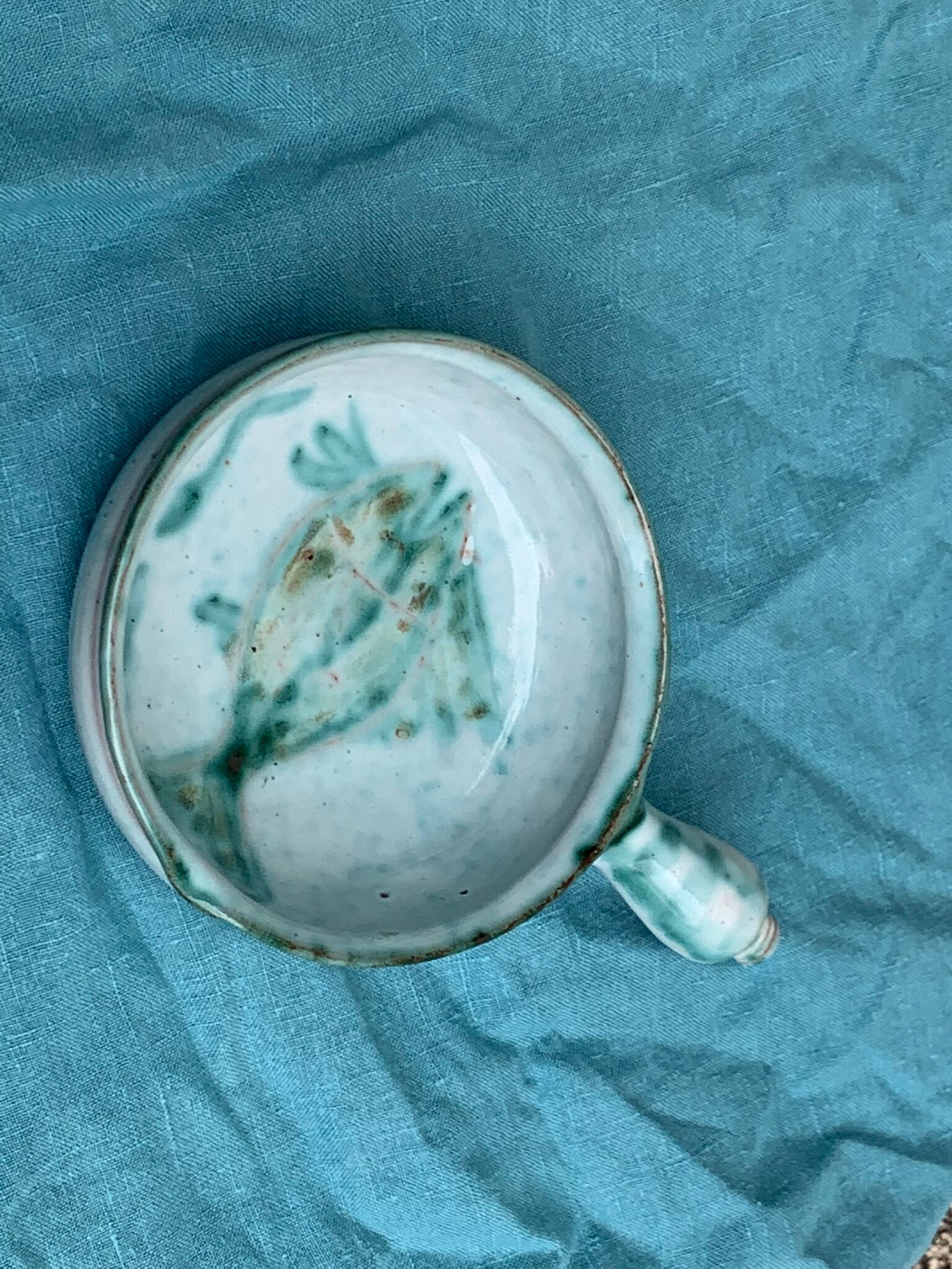 Caquelon, pan sign Humbert pittari vallauris model with blue glazed ceramic fish