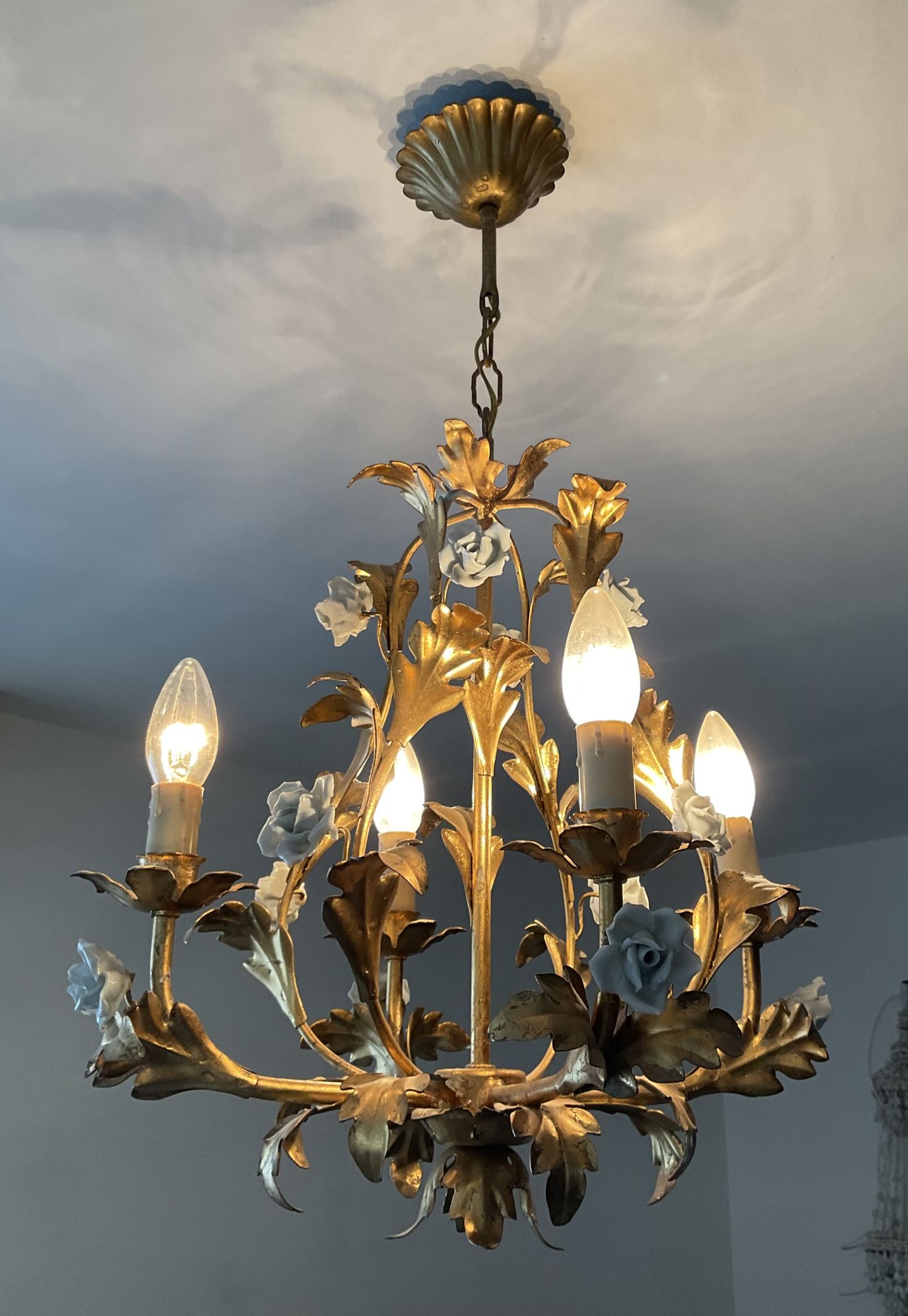 Italian cage chandelier golden leaves and porcelain flowers