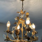 Italian cage chandelier golden leaves and porcelain flowers