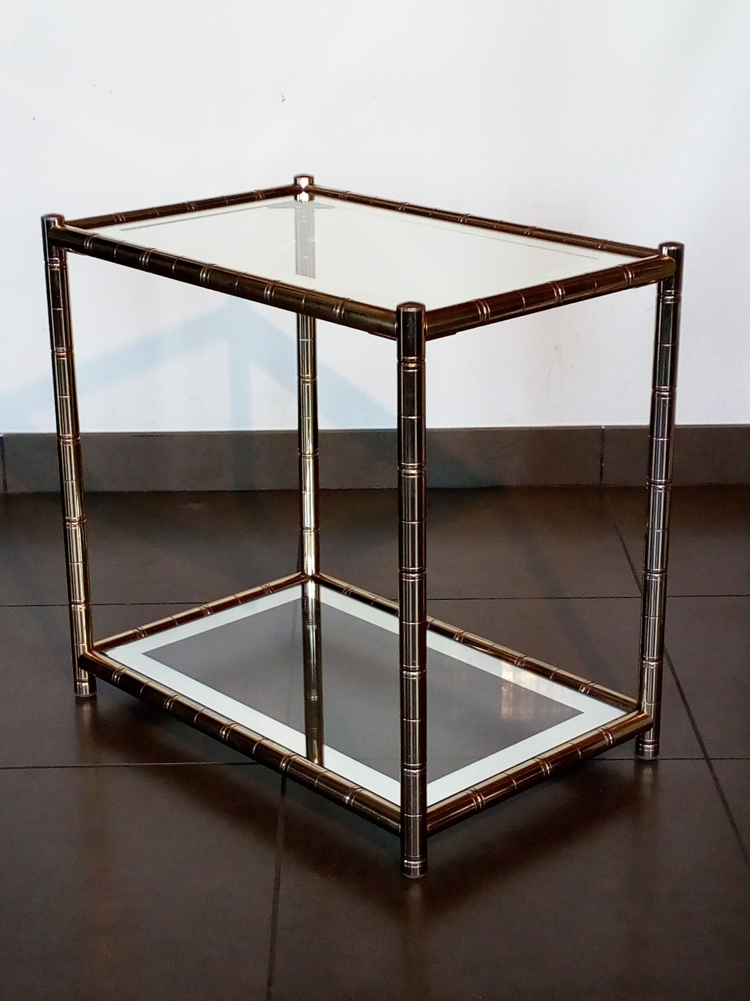 House lancel vintage. side table double trays, in gilded brass bamboo way. tbe