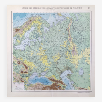 Carte ancienne Urss et Finlande 43x43cm de 1950