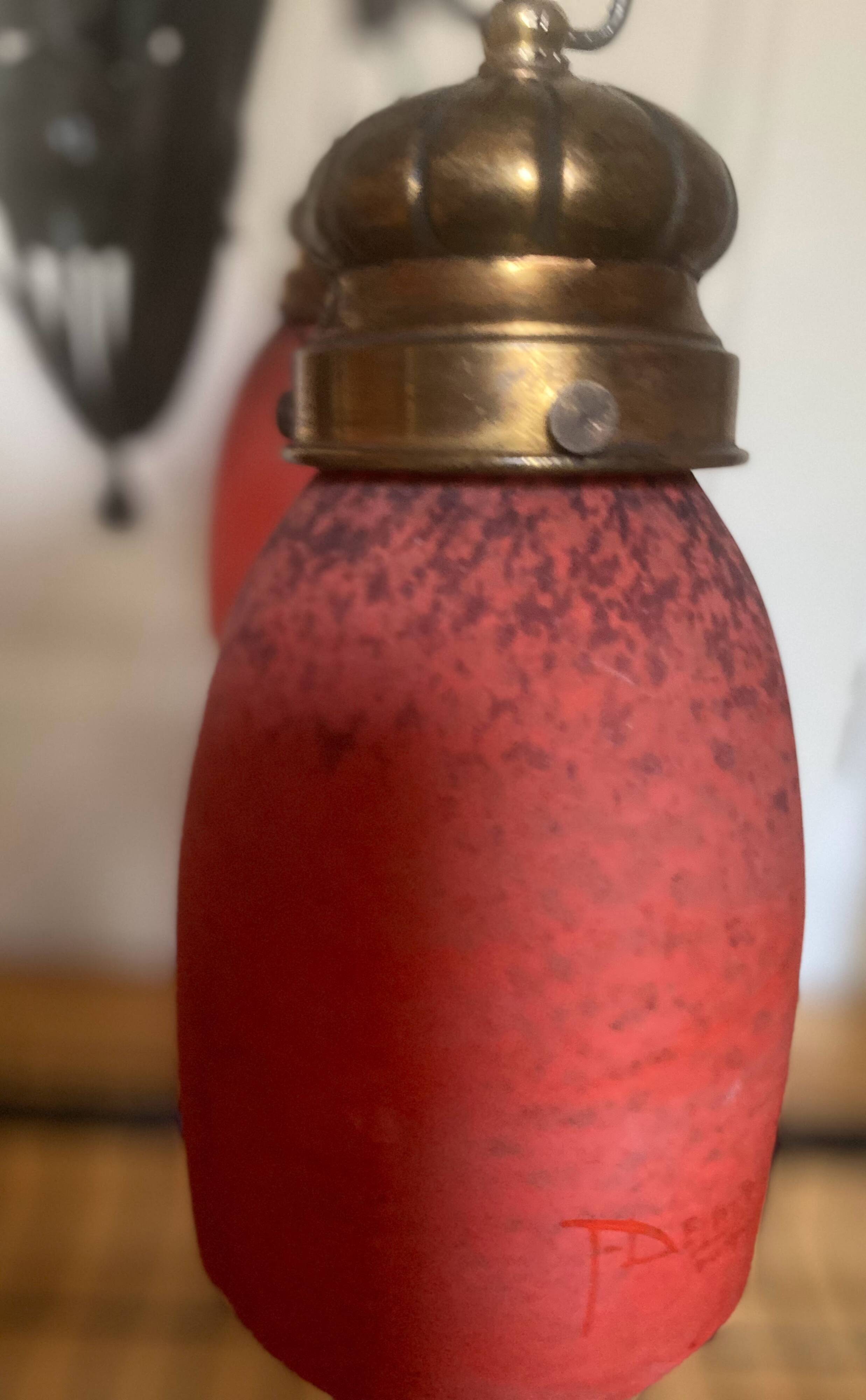 Antique Art Deco wrought iron lustre with 3 tulips in pâte de verre signed Delatte.