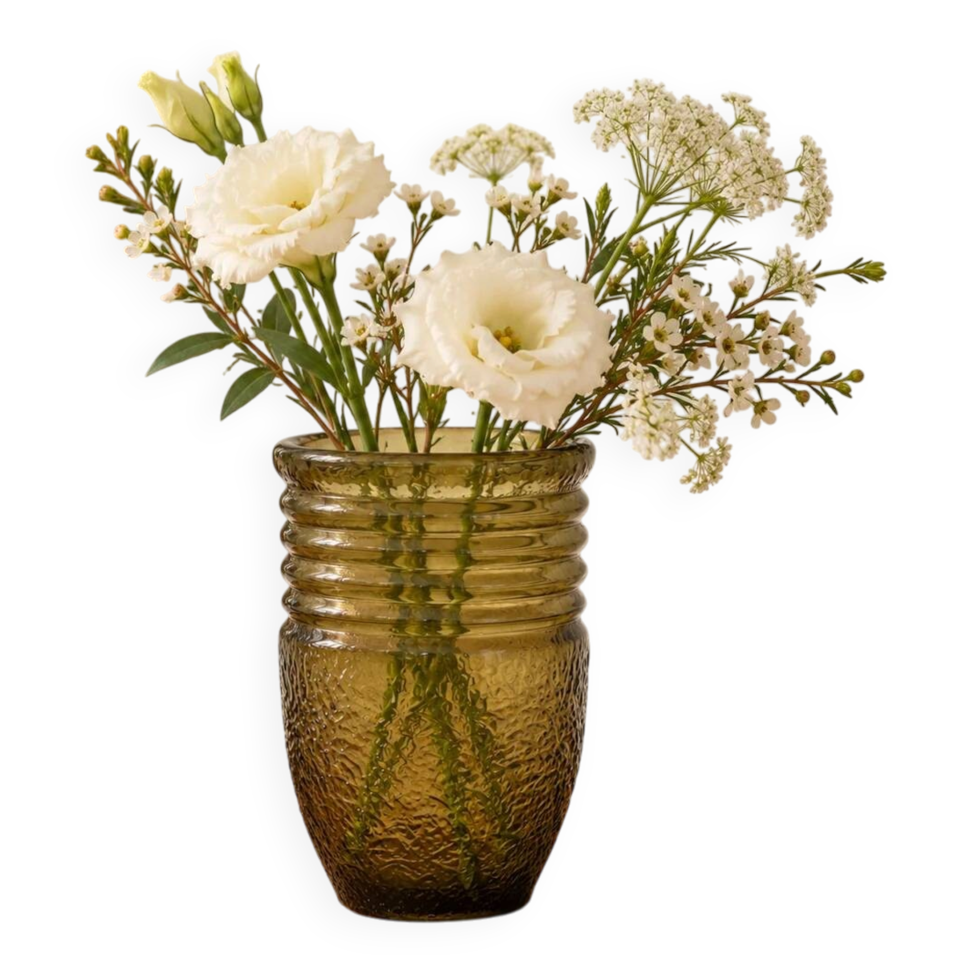 Vintage olive green smoked glass vase – Textured relief decoration – H19 cm