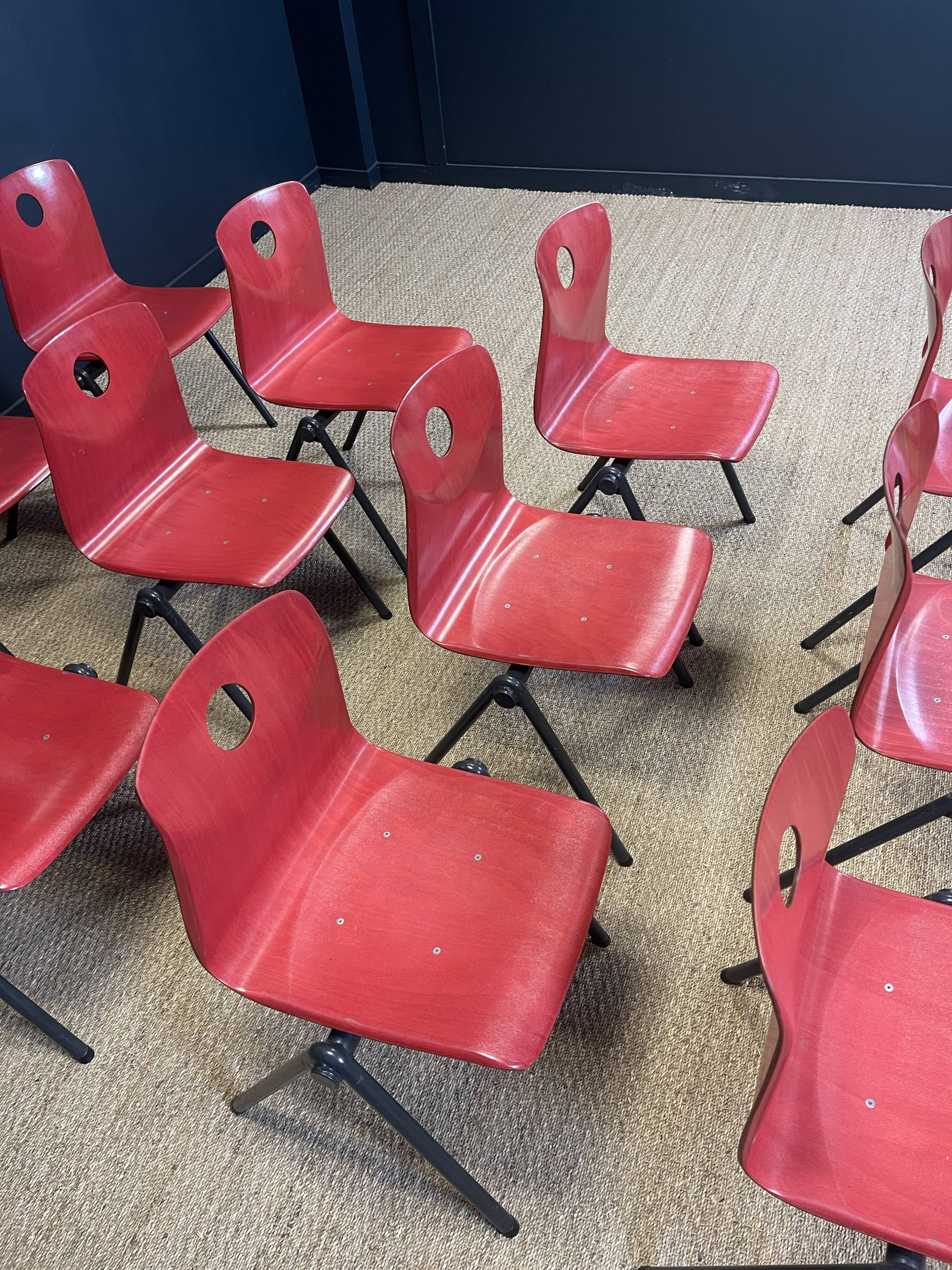 Set of 12 Galvanitas S30 raspberry red and grey steel chairs from the 70s
