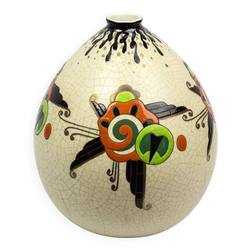 Vase Art déco Orchies, émaux sur fond craquelé, fleurs stylisées