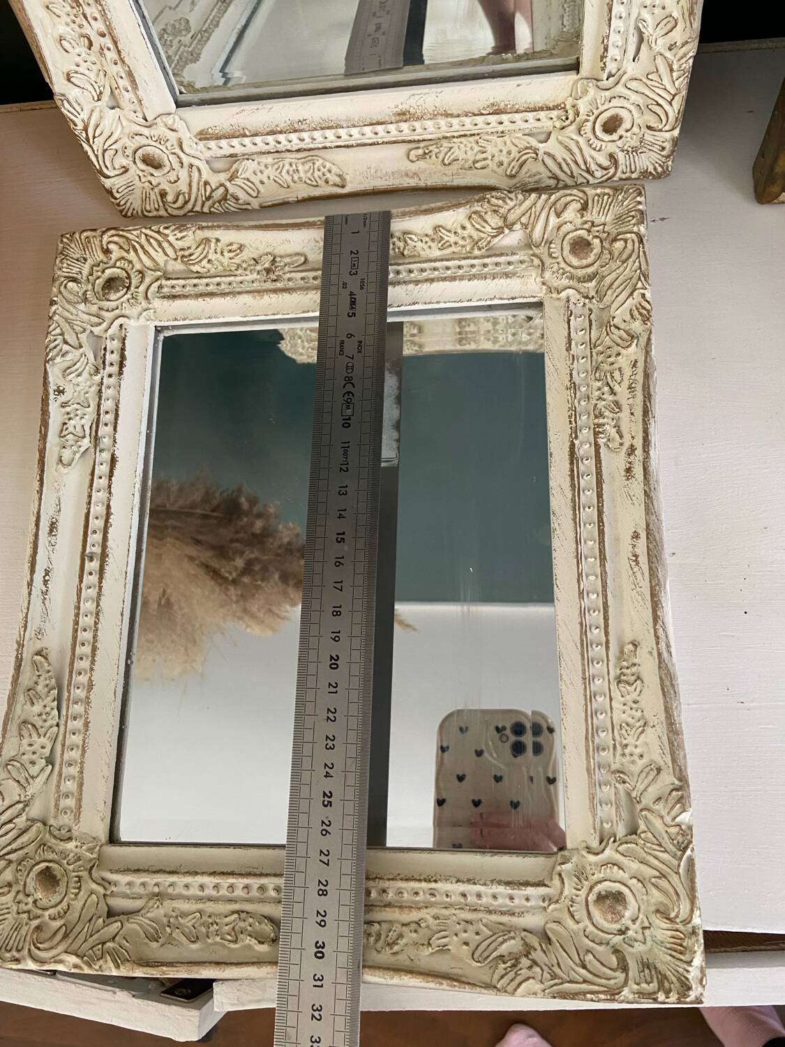 Set of two pretty mirrors in white, beige, and gold tones. Bohemian
