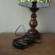 Vintage turned wood lamp, seventies graphic lampshade.