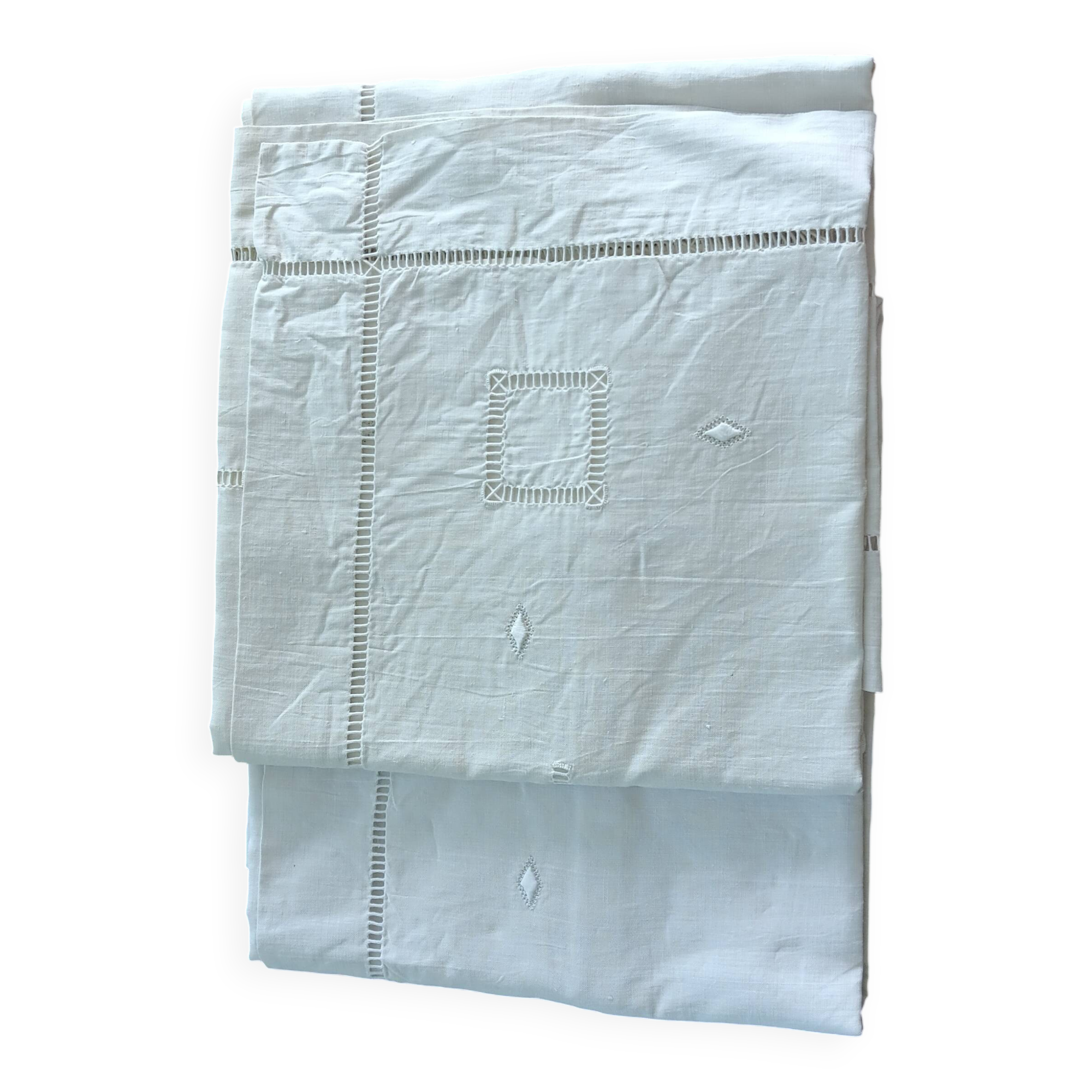 Large vintage white linen embroidered pillowcases (set of 2)