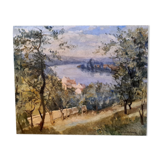 Old vintage painting signed. Banks of the Seine, The andelys