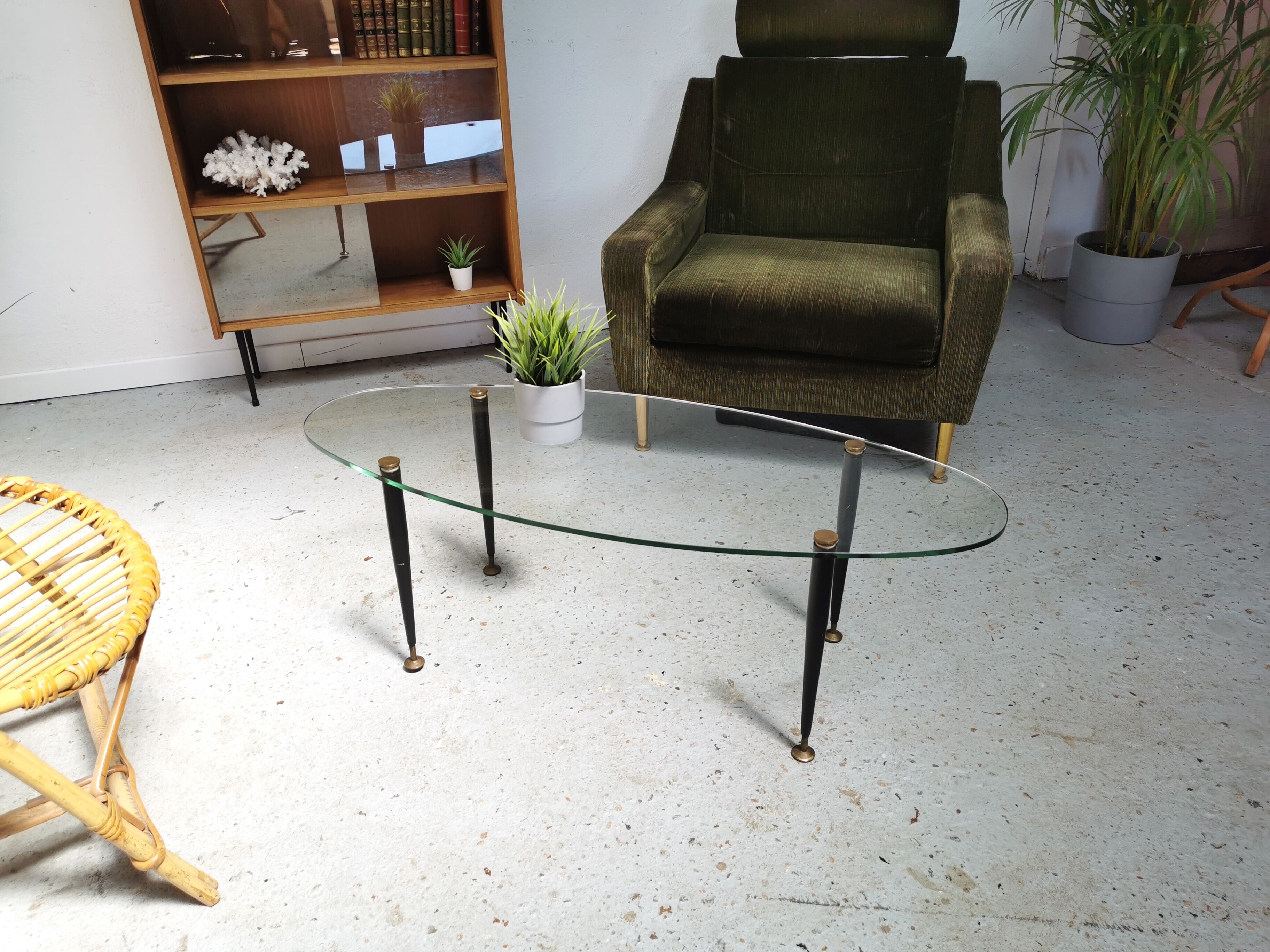 Table basse vintage 1950 verre métal et laiton