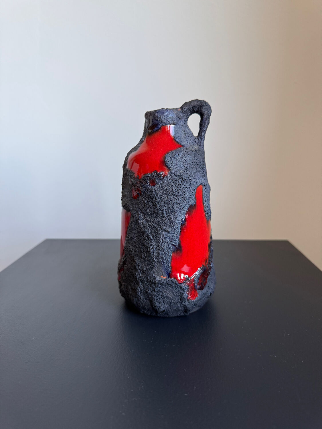 Vintage Mid Century Modern Fat Lava West German Black and Red Glazed V