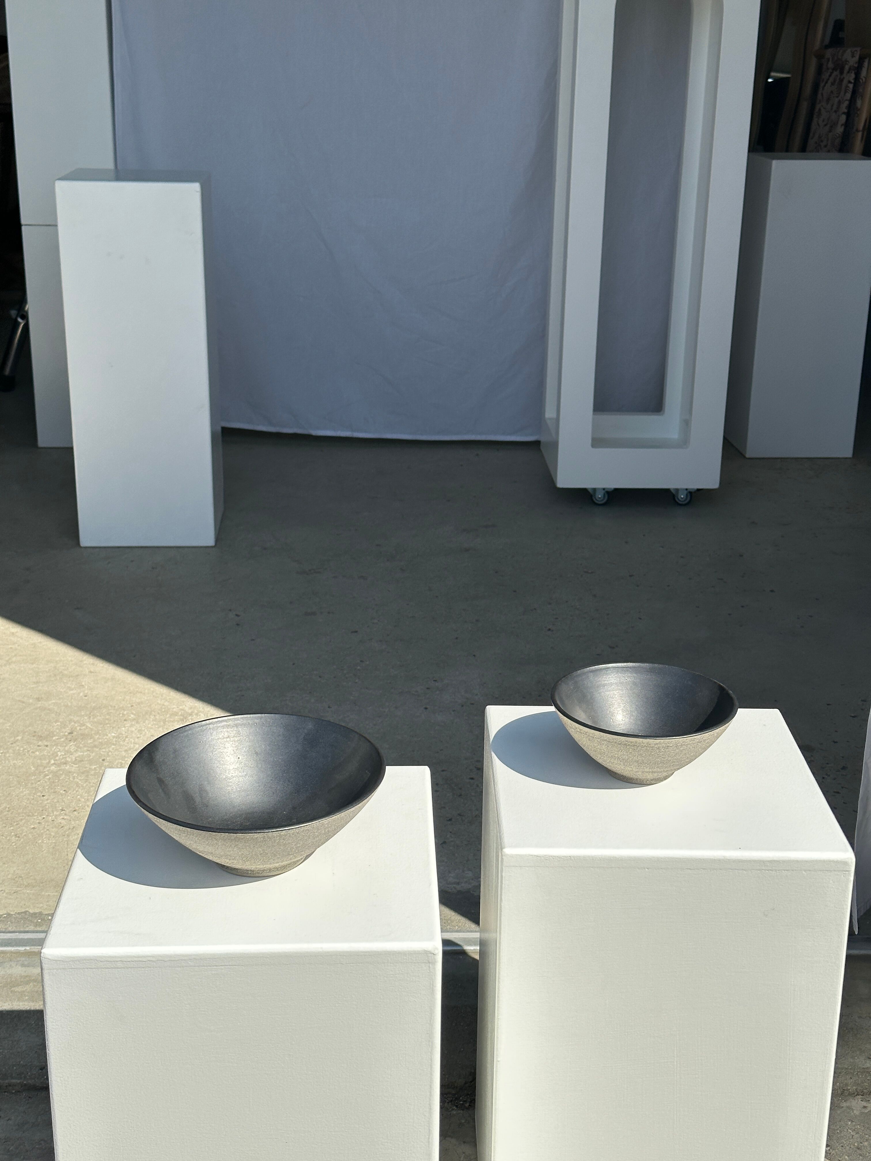 Duo of gray Indonesian ceramic bowls or salad bowls