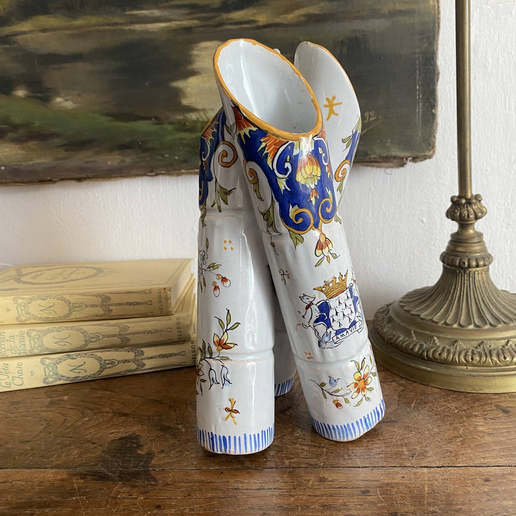 Triple vase in earthenware, 3 bamboo trunks hand-painted.