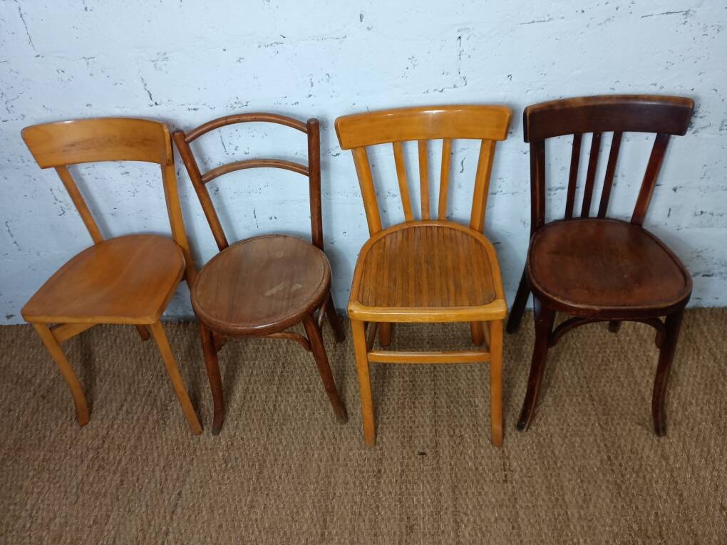 Set of 4 mismatched vintage Fischel bistro chairs