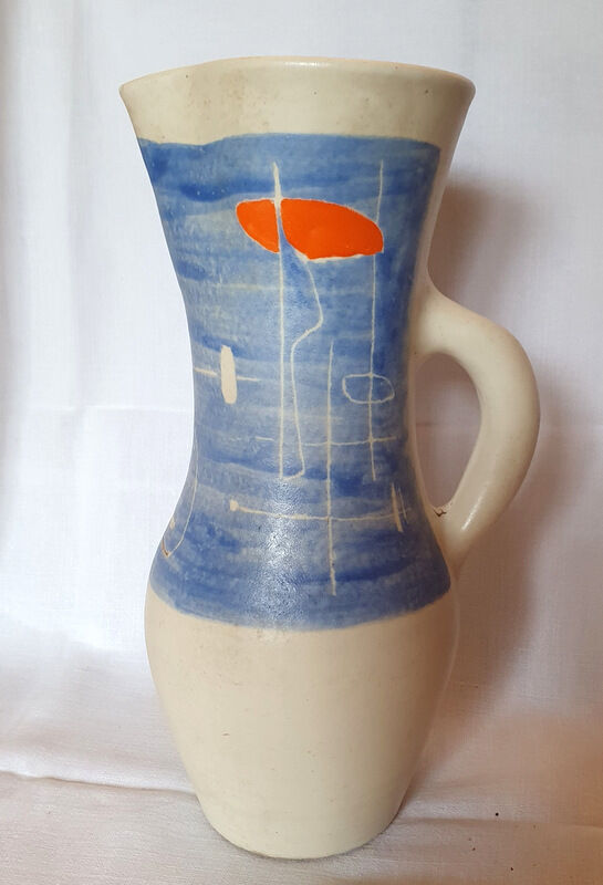Pitcher Vallauris Vintage Abstract Decor On Blue Glacis Signed R AND G AUGUSTE