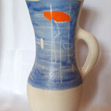 Pitcher Vallauris Vintage Abstract Decor On Blue Glacis Signed R AND G AUGUSTE