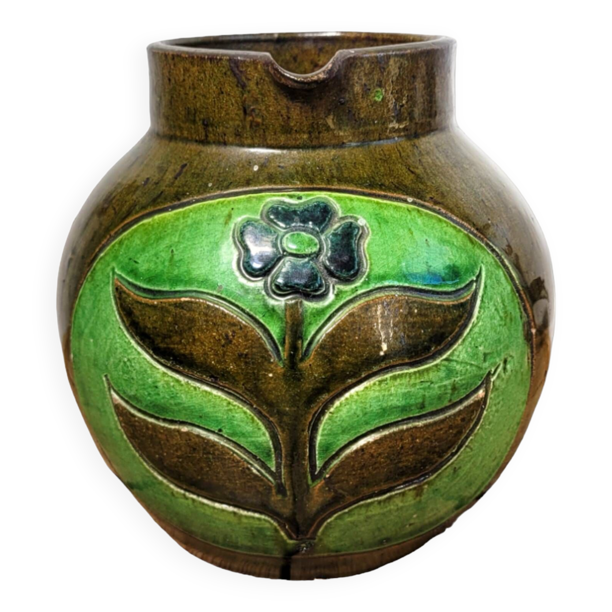 Vintage artisanal flowery ceramic pitcher vase