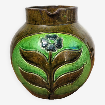 Vintage artisanal flowery ceramic pitcher vase