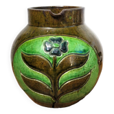 Vintage artisanal flowery ceramic pitcher vase