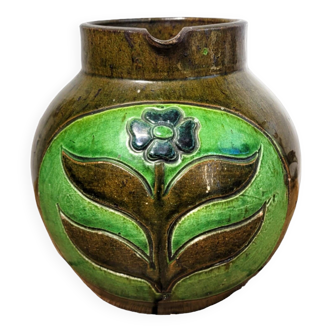 Vintage artisanal flowery ceramic pitcher vase