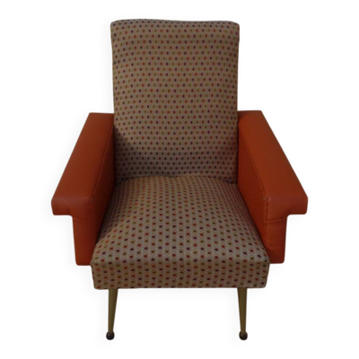 Fauteuil rétro vintage rockabilly en simili cuir de couleur orange et tiss