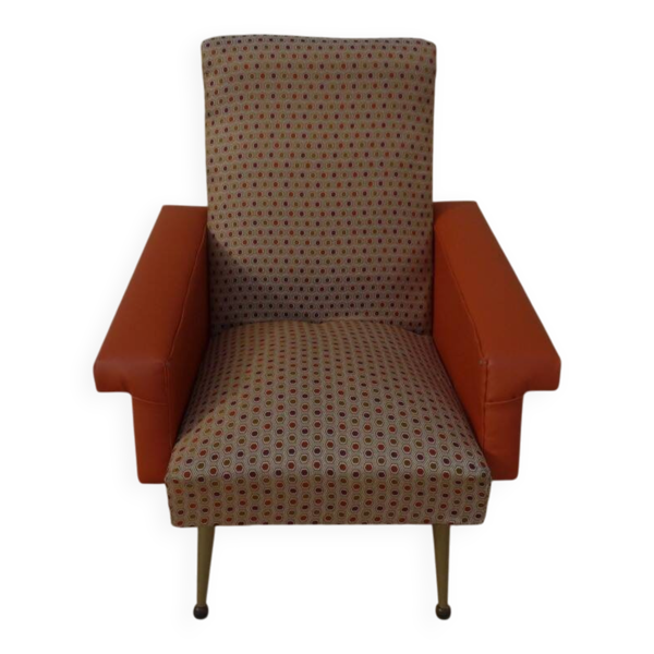 Fauteuil rétro vintage rockabilly en simili cuir de couleur orange et tiss