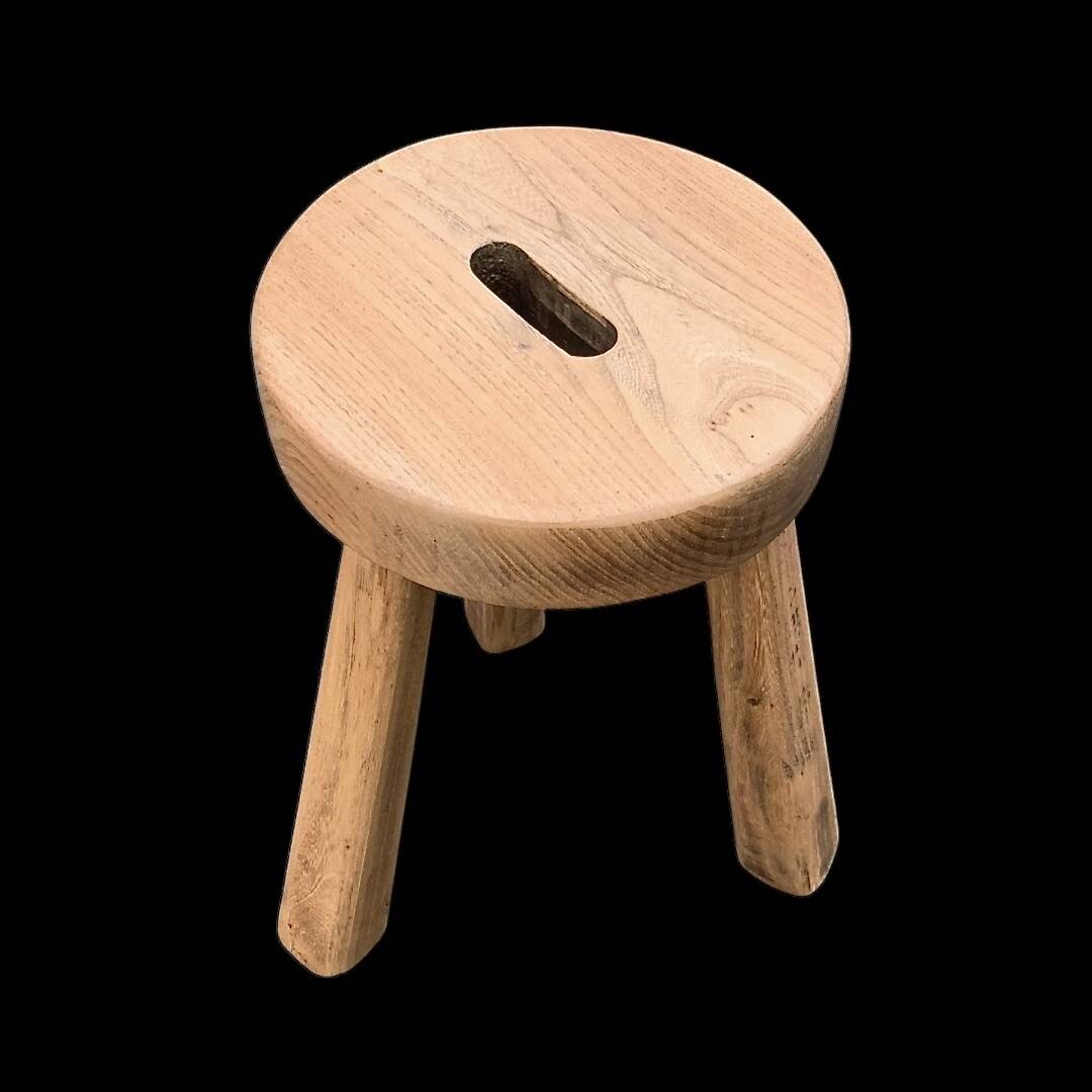 Antique brutalist tripod stool in solid wood