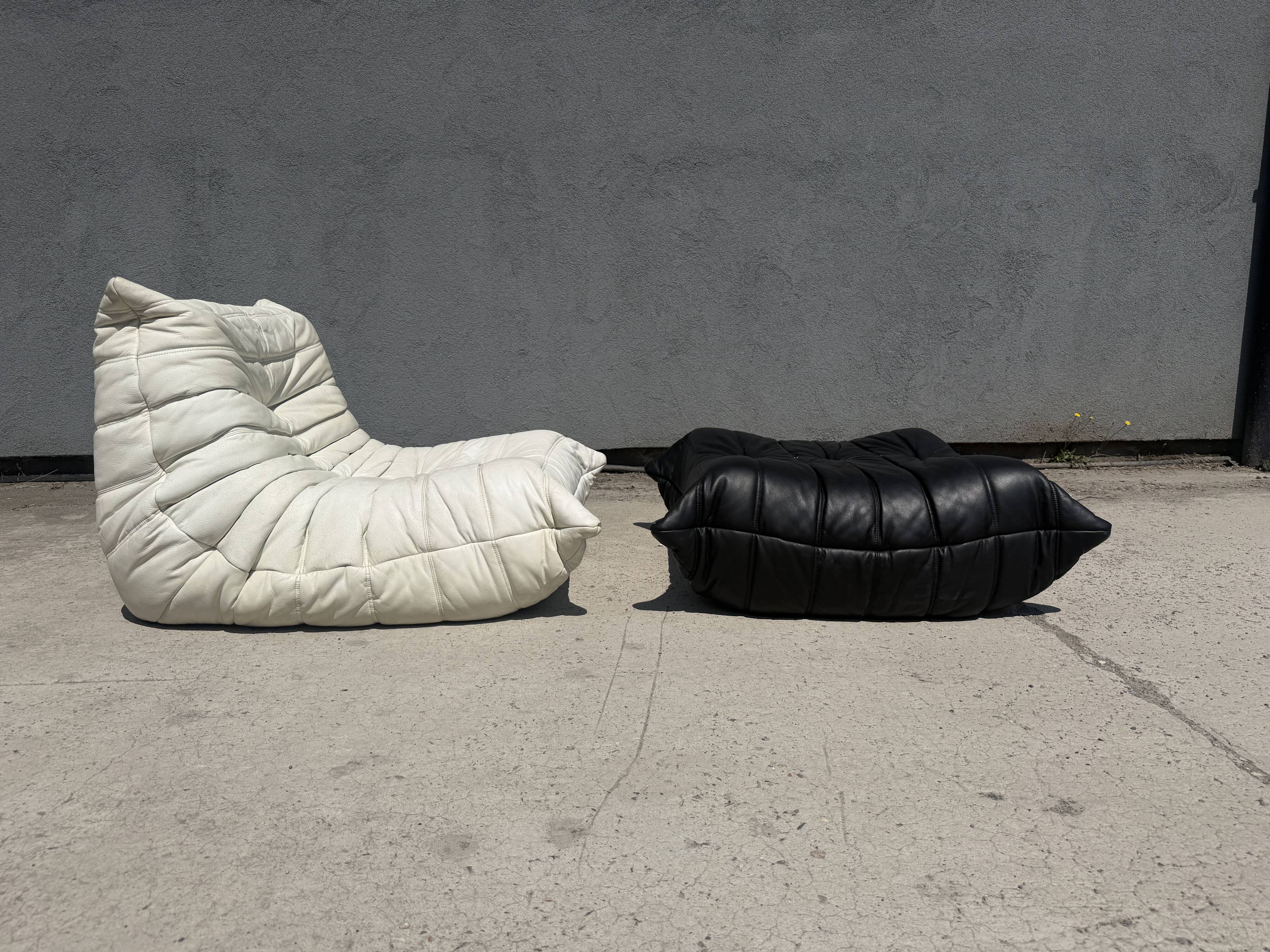 100% authentic Ligne Roset Togo 1-seater + pouf original leather Black & White