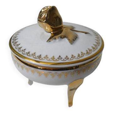 ancienne bonbonnière drageoir en porcelaine blanche et or