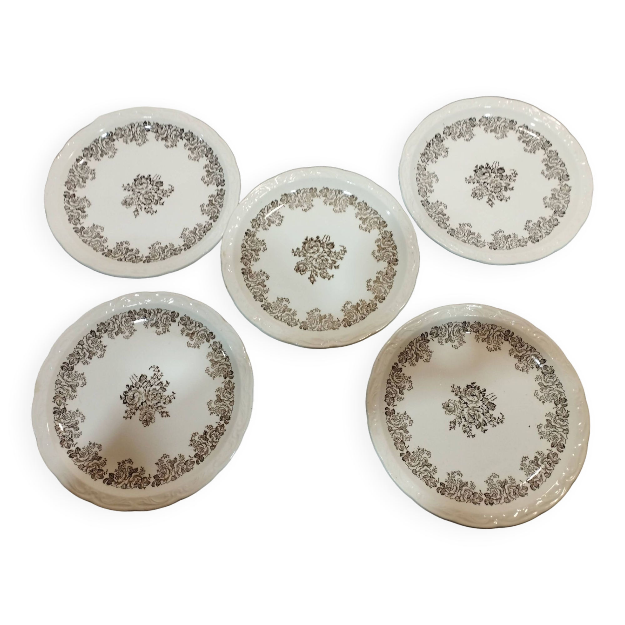 lot of 5 old Digoin Sarreguemines Clovis dessert plates gray floral decor