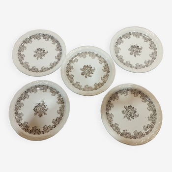 lot of 5 old Digoin Sarreguemines Clovis dessert plates gray floral decor