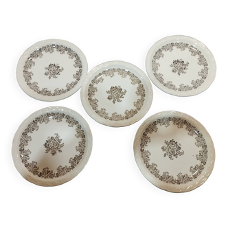 lot de 5 anciennes assiettes à dessert Digoin Sarreguemines Clovis   décor floral gris