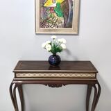 Vintage Rectangular Solid Walnut Console Table with Engraved Mirror Motif, Italy