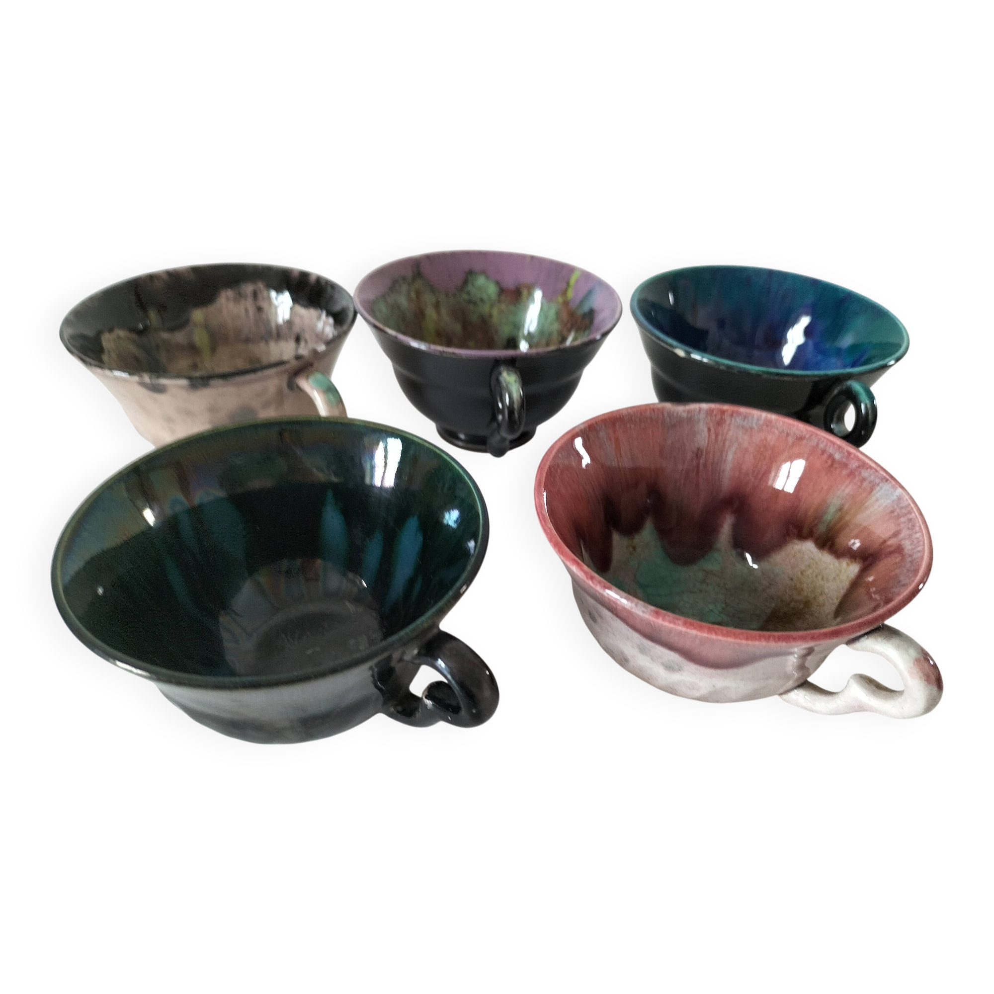 5 tasses Gaubier Morvan grès émaillé flammé multicolore