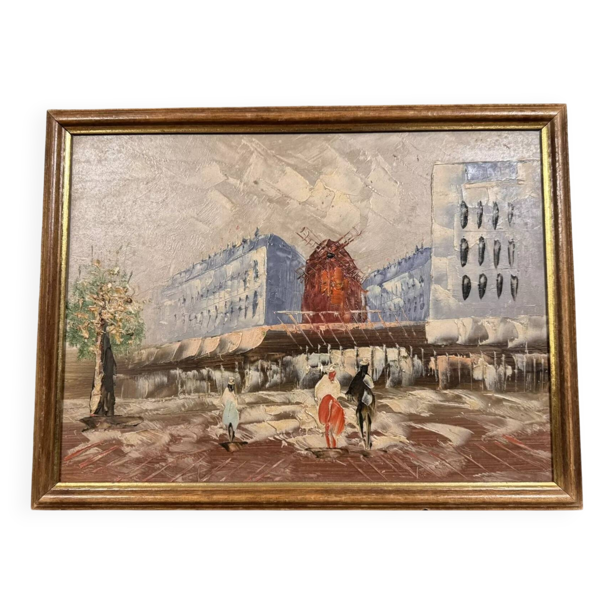 Oil painting on panel representing the Moulin Rouge in PARIS