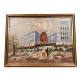 Oil painting on panel representing the Moulin Rouge in PARIS