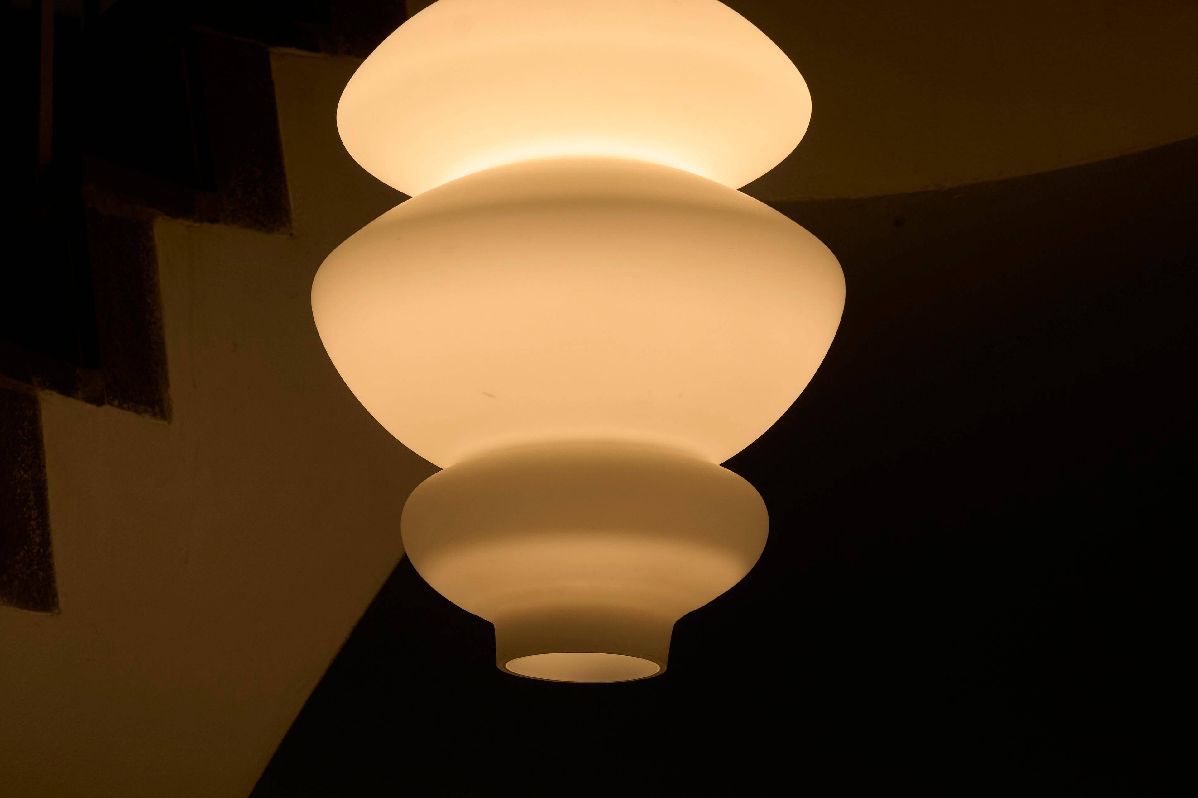 Large sculptural Mid Century pendant light in opaline glass, 1960.