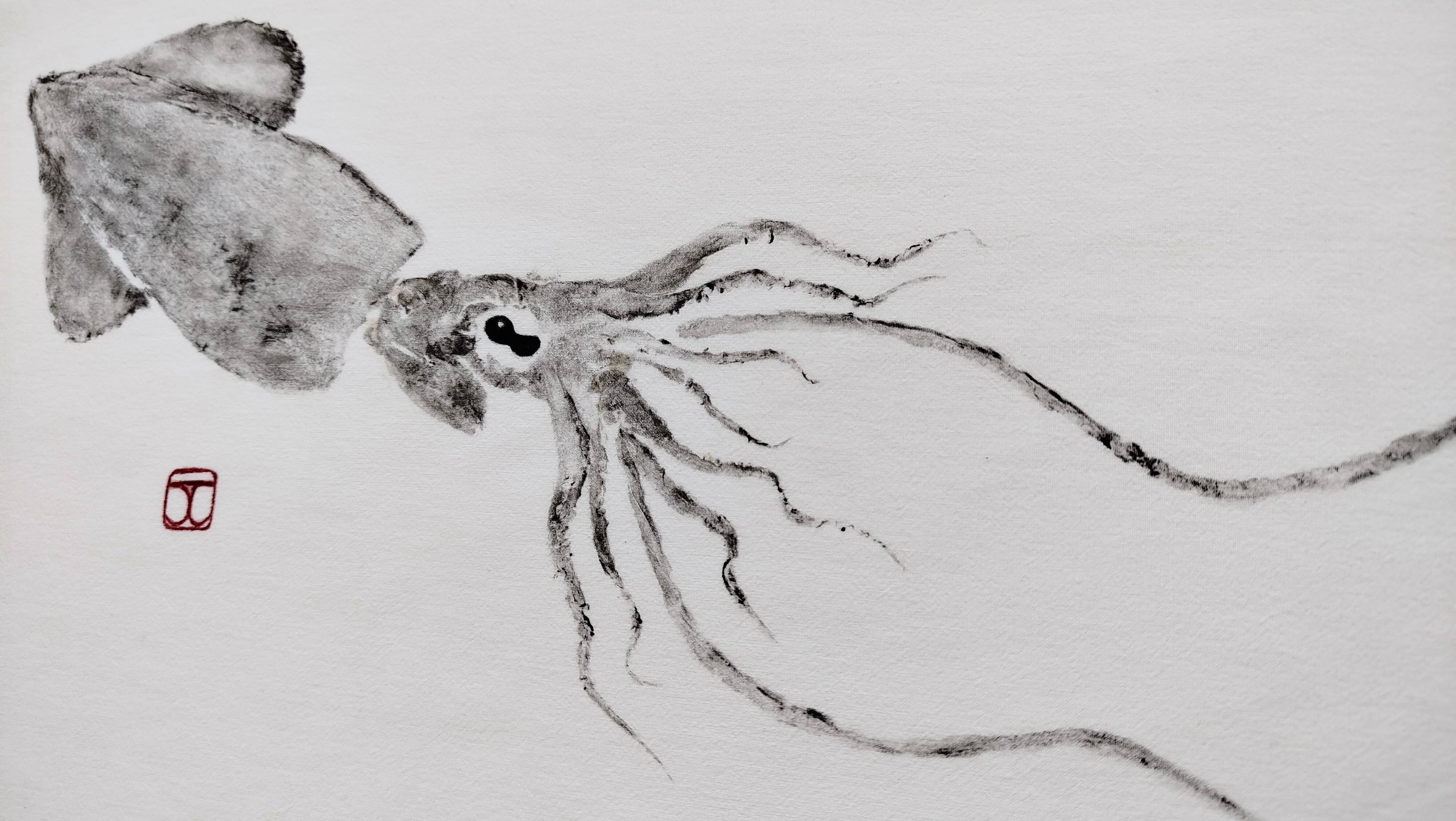Original print of a squid, framed painting