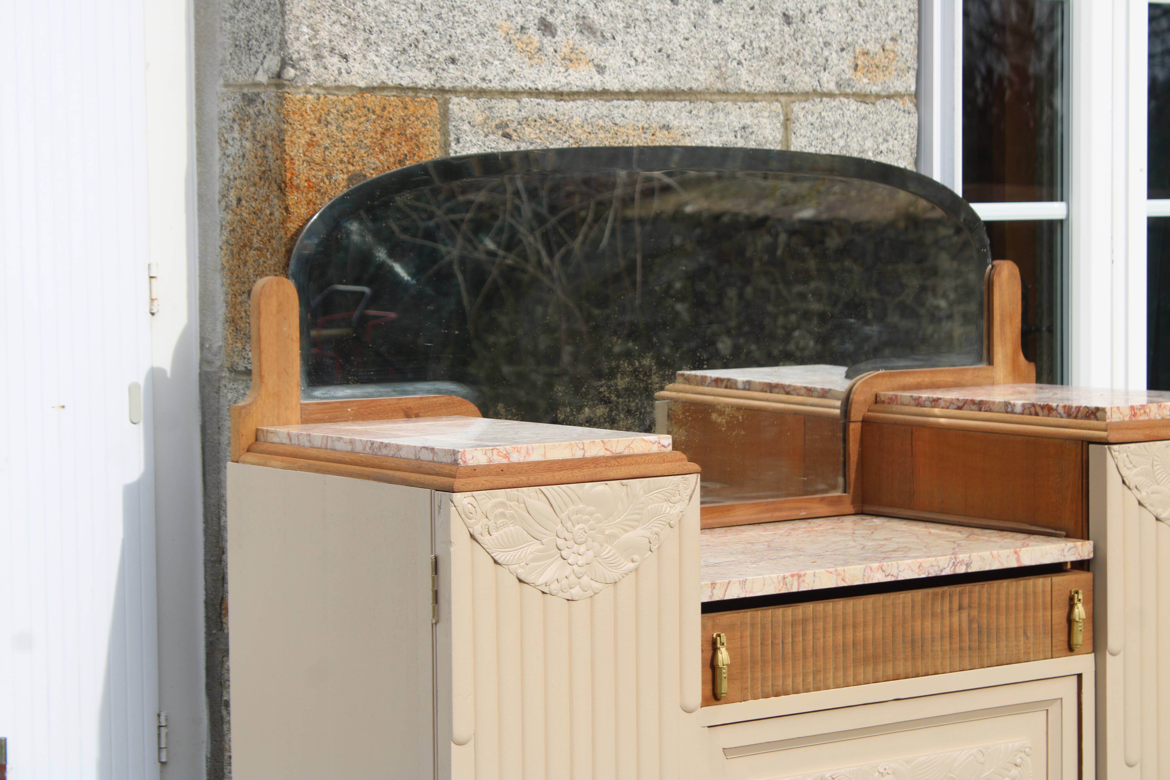 Renovated Art Deco buffet, pink marble and original mirror.