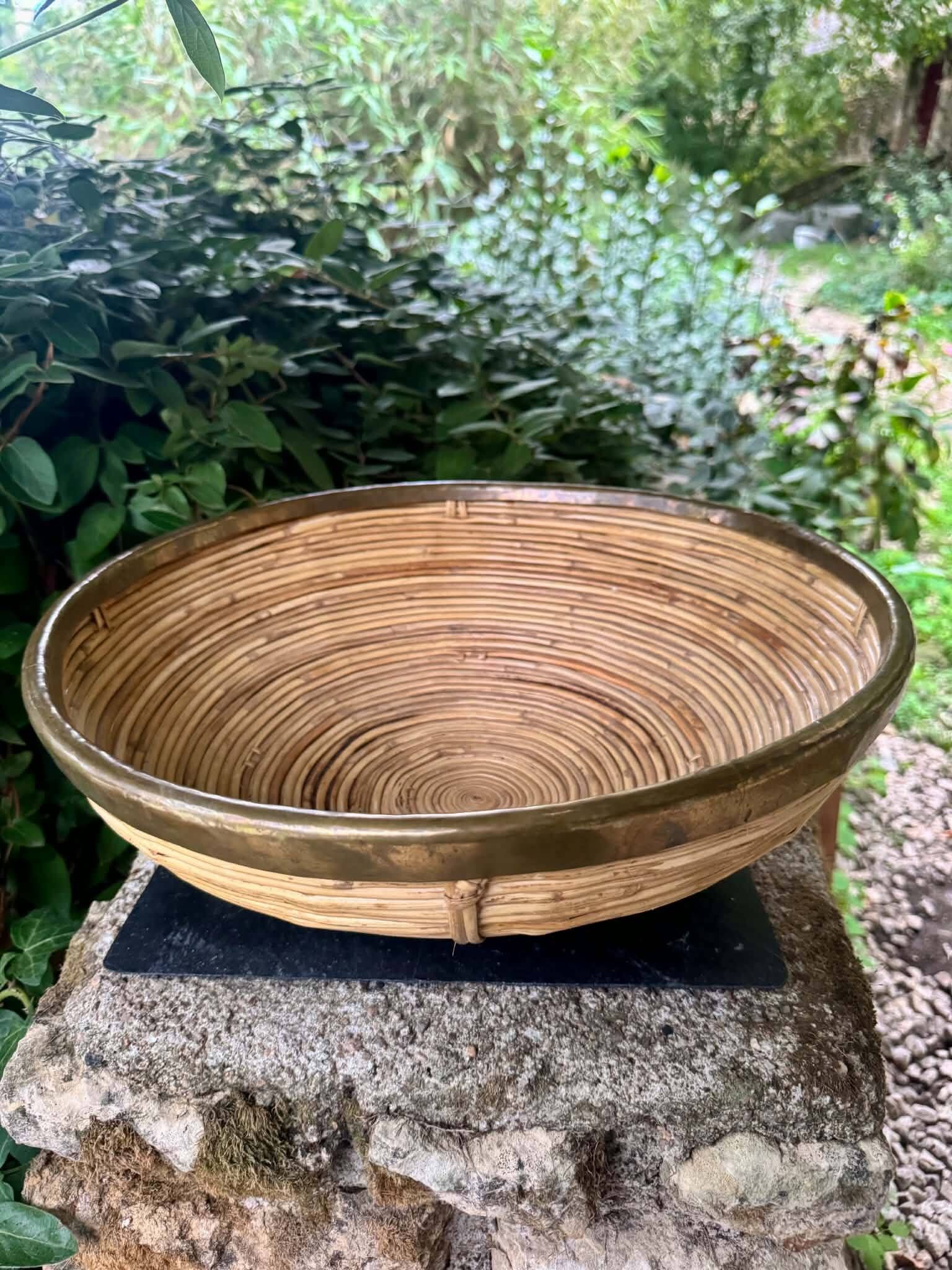 Large wicker basket brass Gabriella Crespi 1960s Italy vintage