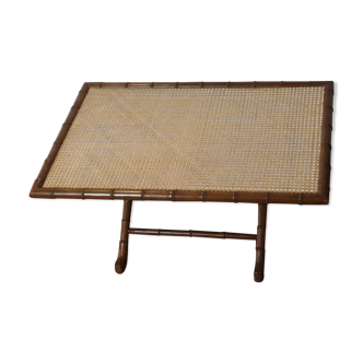 Table basse en teck sculpté et cannage 1970