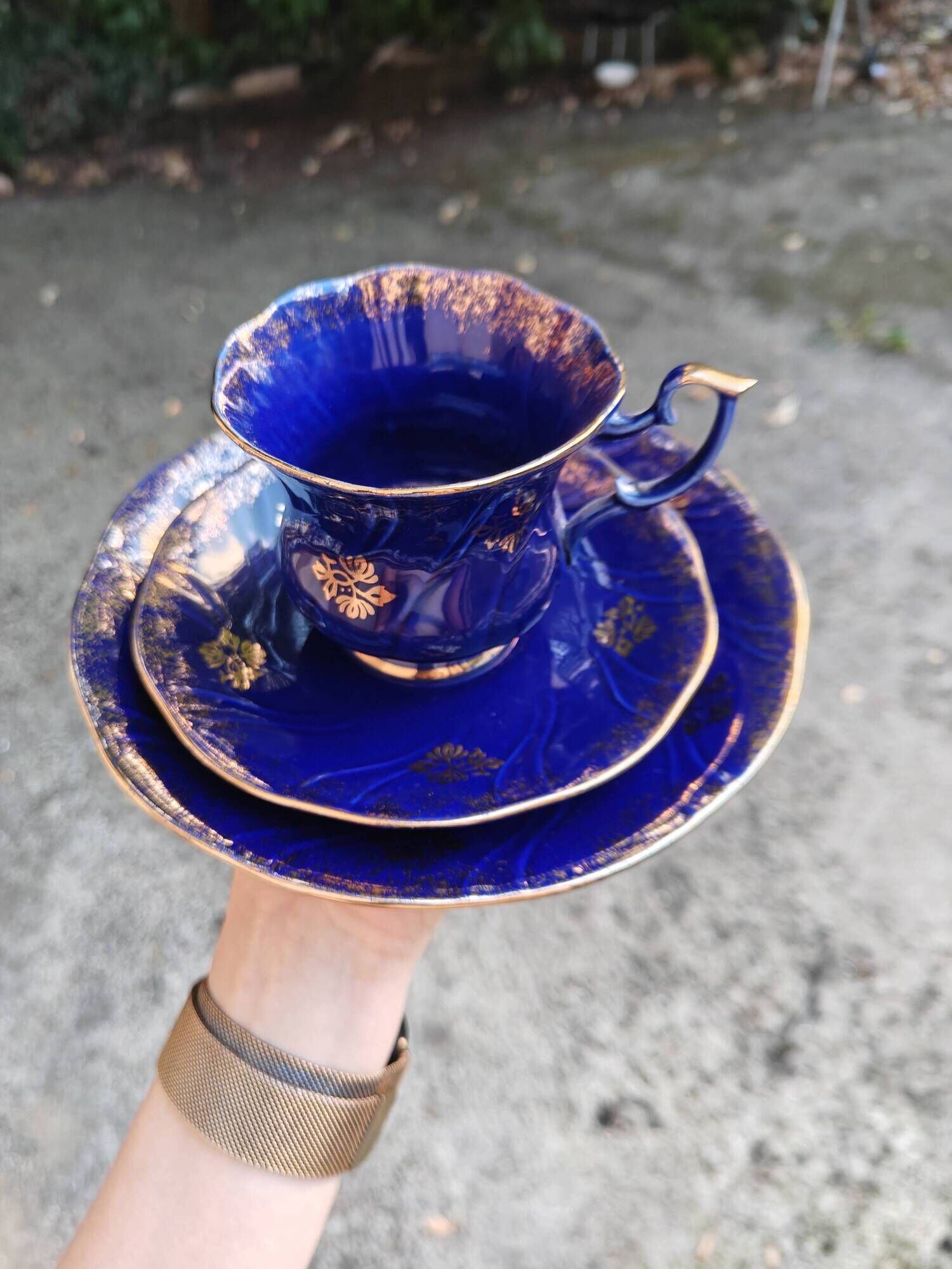 Superb Coffee/Tea Trio in Cobalt Blue & Gold Porcelain - Chodzież Poland