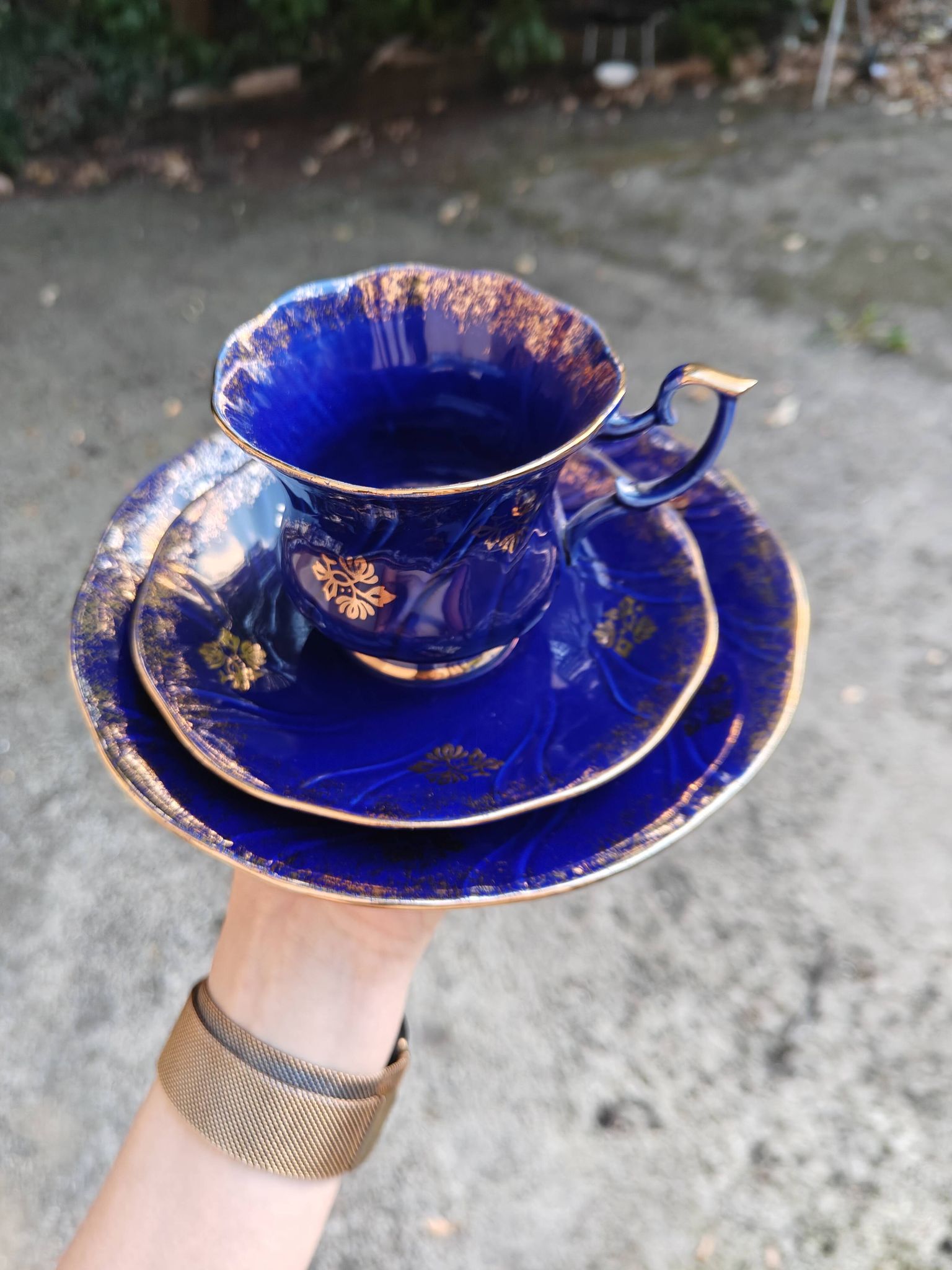 Superb Coffee/Tea Trio in Cobalt Blue & Gold Porcelain - Chodzież Poland