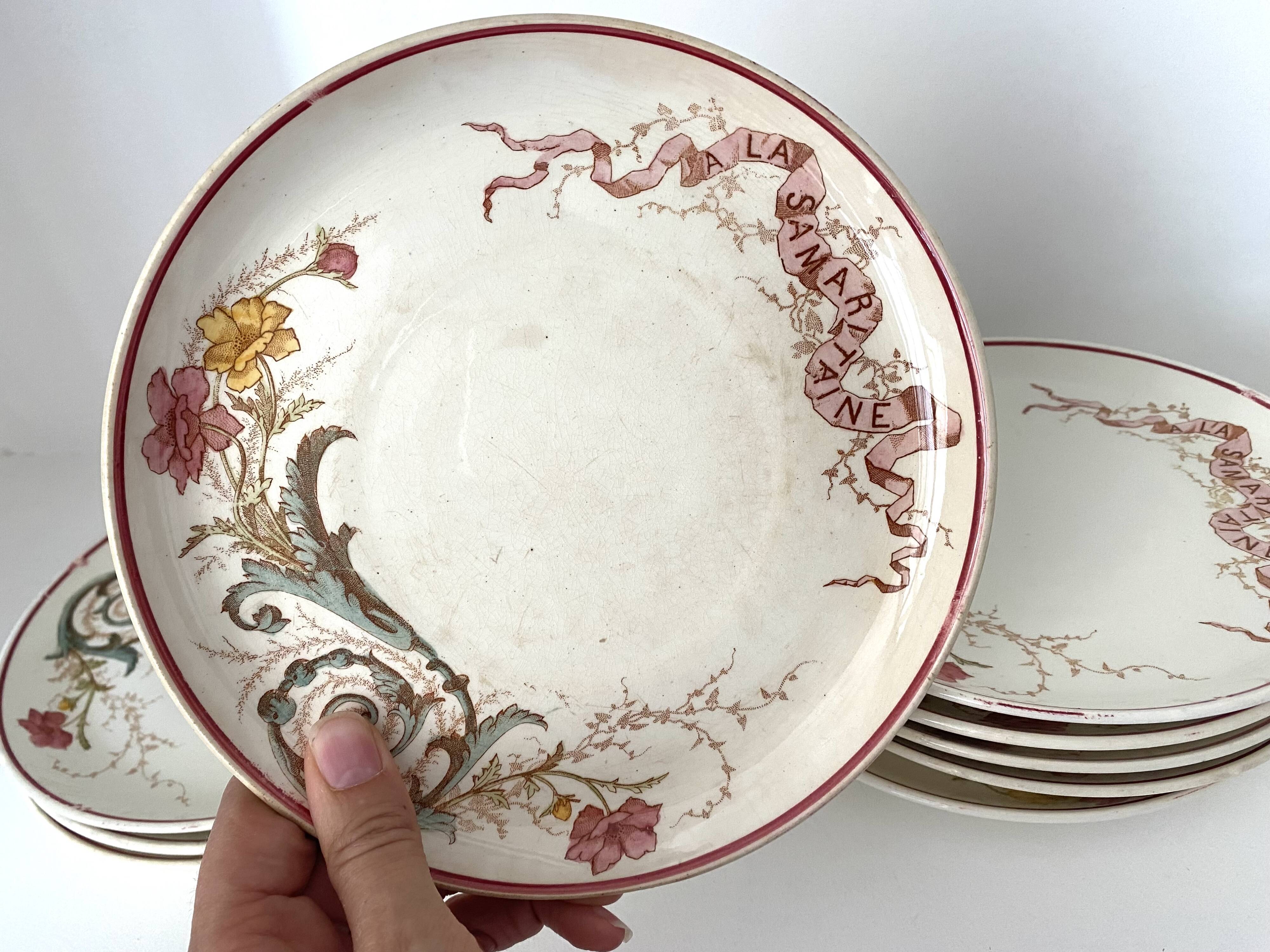 Set of 9 dessert plates "A la Samaritaine" K&G Lunéville 1900, art nouveau service