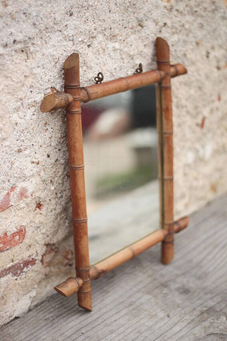 Wooden bamboo imitation mirror, antique mirror, hanging mirror, interior decor