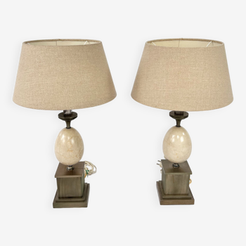 Set of 2 french marble and steel lamps 1970s