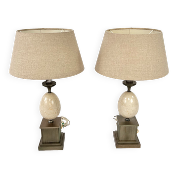 Lot de 2 lampes françaises en marbre et acier années 1970