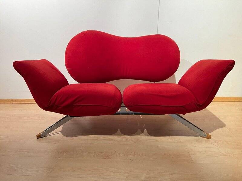 Postmodern Convertible Sofa in Red Fabric attributed to Bonaldo, Italy, 1980s