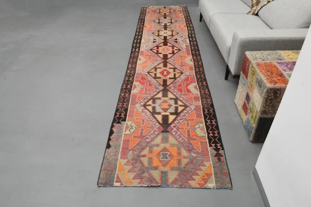 1970s Turkish Oushak Handmade Wool Cotton Orange Runner Rug 90x400
